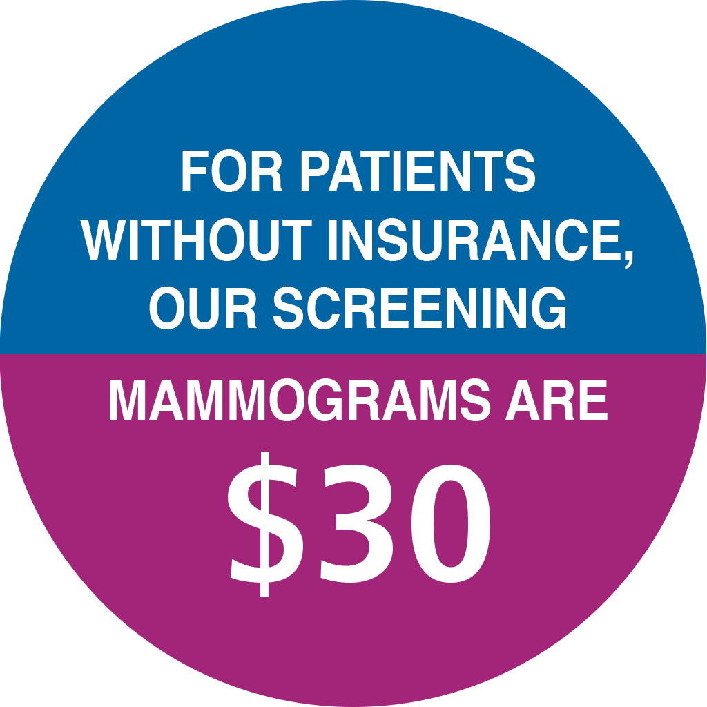 For patients without insurance, our screening mammograms are $30.